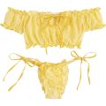 2PCS Off Shoulder Lace Up Bikini Set Women Sweet Casual Short Sleeve Swimsuits Beachwear Bathing Suits Lingerie.