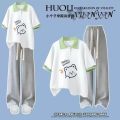 Summer Little Fresh Suit Girl Korean Loose Bear Polo Collar T T-shirt + Wide Leg Pants Two-Piece Suit Fashion. 
