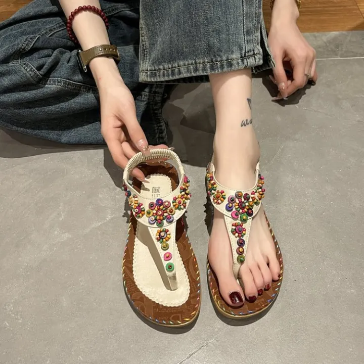 Sandals%20Women's%202023%20New%20Women's%20Shoes%20Spring%20Bohemian%20Clip%20Foot%20Flat%20Sandals%20Women's%20Beaded%20Beach%20Shoes%20Women's%20Korean%20Version%20-%20Image%203