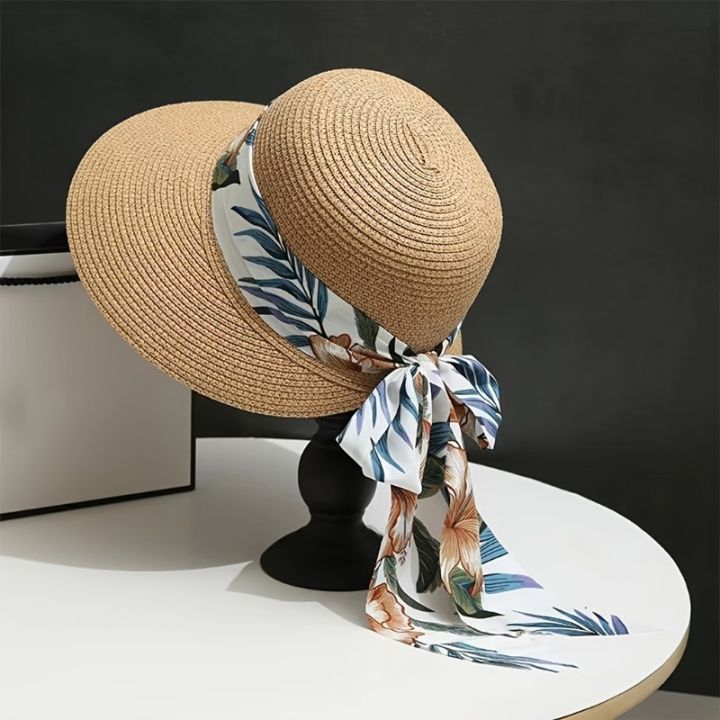 Women Summer Streamer Bow Bowler Hat Outdoor Large Rim Visor Foldable Sun Hat Beach Cap