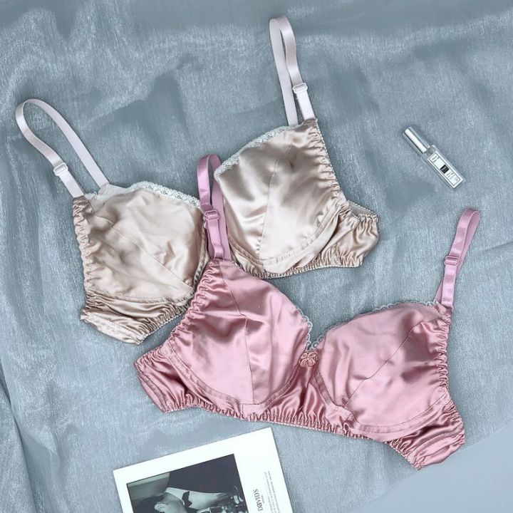 Silk Bra Double-Sided Mulberry Silk Smooth Satin Double-Sided Silk Wireless Sponge-Free Bra Big Chest Underwear for Women