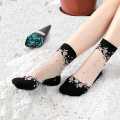Adult Women Ultra thin Transparent Crystal Lace Silk Elastic Short Flower Pattern Spandex Ladies Socks.