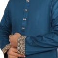 Men's Premium Quality Dark Cerulean Embroidery Semi Long Panjabi with Snap Button By Panjab Corner. 