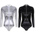 Women Bodycon Bodysuit Zipper Patent Leather Jumpsuit Ladies Slim Long Sleeves Bodysuits Rompers Body Mujer.
