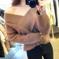2023 Autumn and Winter New Korean Style Sexy Big V Collar off-the-Shoulder Top Woolen Pullover Sweater for Women.
