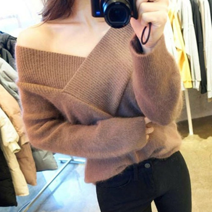 2023%20Autumn%20and%20Winter%20New%20Korean%20Style%20Sexy%20Big%20V%20Collar%20off-the-Shoulder%20Top%20Woolen%20Pullover%20Sweater%20for%20Women%20-%20Image%202