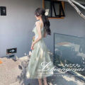 2024 Korean summer new camisole long dress with fairy ruffle edge printed sleeveless temperament picture color. 
