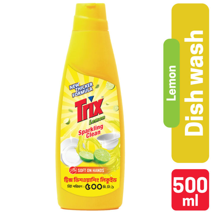 Trix Dishwashing Liquid 500ml Bottle Lemon Fragrance for Scratch-Free Sparkling Clean Dishes, removes grease stains with power-rich thick foam