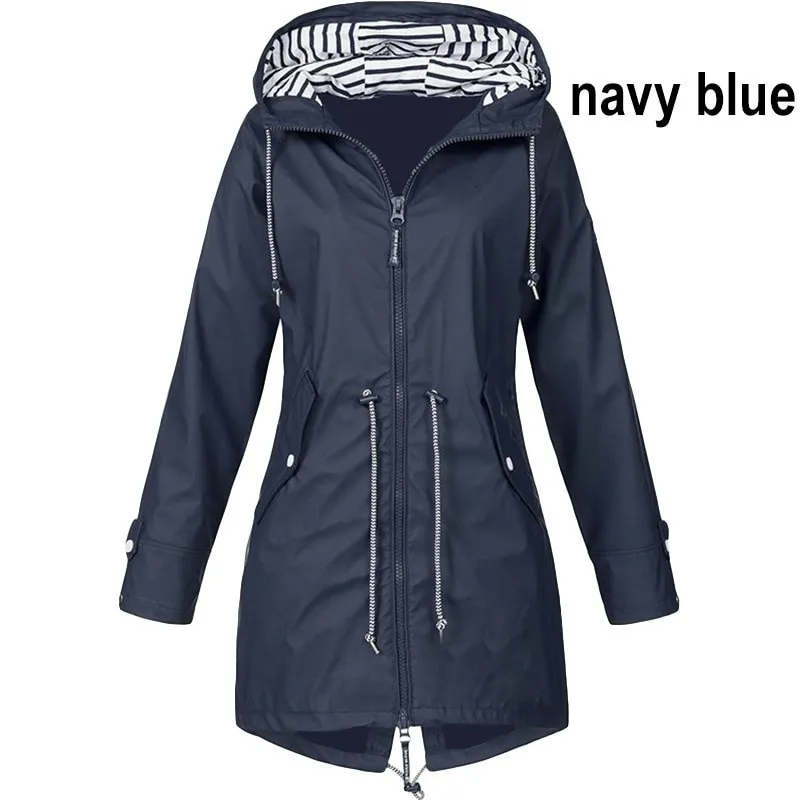 Women Waterproof Zipper Rain Jacket Solid Color Ladies Outdoor