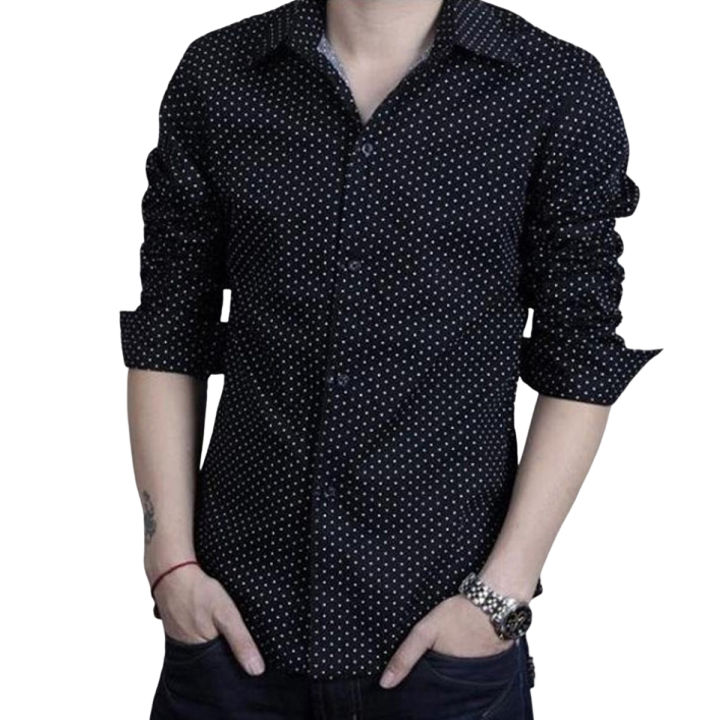 Black Cotton Long Sleeve Polka Shirt For Men - Shirt For Men - Shirt For Men - Shirt