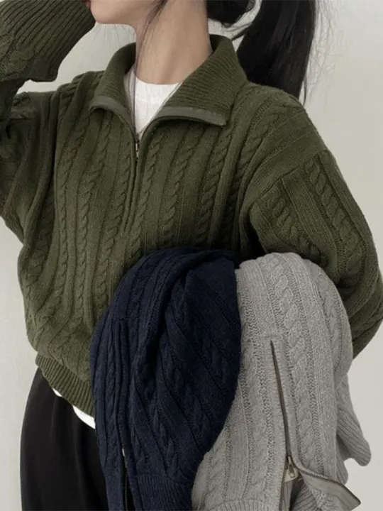 Women%20Autumn%20New%20Solid%20Color%20Sweater%202022%20New%20Half%20High%20Collar%20Knit%20Pullover%20Baggy%20Long%20Sleeve%20Zipper%20Lady%20Knitwear%20BF%20Oversize%20-%20Image%203