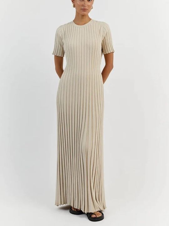 Elegant%20Ribbed%20Knitted%20Long%20Dress%20Women%20Casual%20O-neck%20Short%20Sleeve%20Bodycon%20Dresses%202023%20Autumn%20Ladies%20Pleated%20A-line%20Maxi%20Robe%20-%20Image%203
