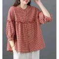 Foreign Trade Japanese Export Tail Single Women's Leak-Picking Linen Shirt Doll Shirt Cotton Linen Plaid Blouse. 