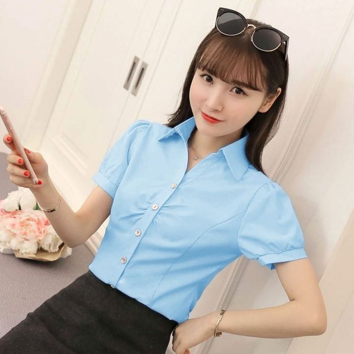 SummerVCollar%20Business%20Shirt%20Women's%20Formal%20Wear%20Short-Sleeved%20Women's%20Shirt%20Workwear%20Women's%20Korean-Style%20White-Collar%20Workwear%20White%20Shirt%20-%20Image%206