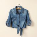 Girls Slim Top New Summer Women Casual Cropped sleeves Shirt Female Denim Shirts women's Fashion Short Blouse XZ120. 
