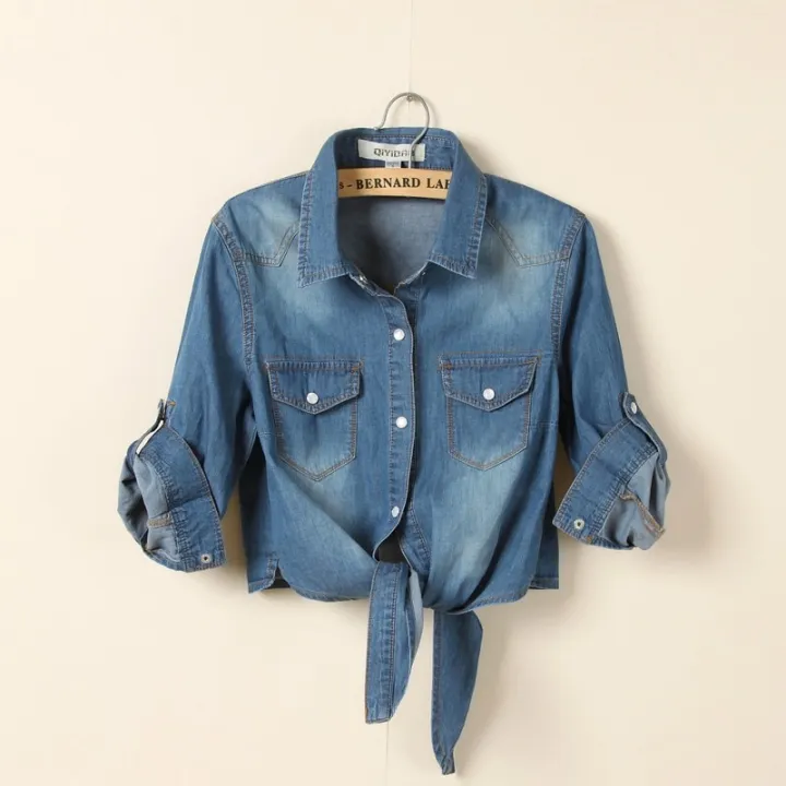 Girls%20Slim%20Top%20New%20Summer%20Women%20Casual%20Cropped%20sleeves%20Shirt%20Female%20Denim%20Shirts%20women's%20Fashion%20Short%20Blouse%20XZ120%20-%20Image%206
