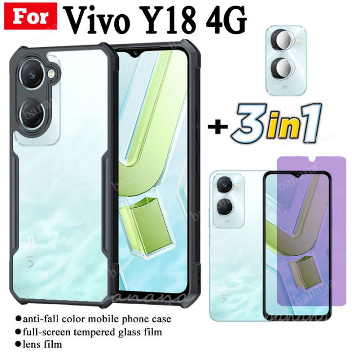 3 in 1 Vivo Y18 4G Shockproof Phone Case for Vivo Y03 Y18E Y28 Y38 Y36 Y27S Anti-blue Ray Tempered Glass and Lens Film