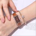 fashion rectangle dial quartz women leather watch. 