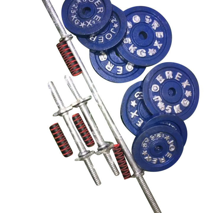 Eight Pieces Dumbbell Set With Two 10 inch Sticks 1 pcs 3 feet burble - 10Kg - Blue and Silver Combo