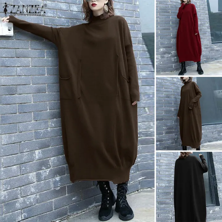 ZANZEA%20Womens%20Long%20Sleeve%20Mock%20Neck%20Casual%20Loose%20Midi%20Dress%20Kaftan%20Baggy%20Dresses%20#8%20-%20Image%205