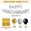 Happy Anniversary Decoration Combo Pack - Golden Curtains Backdrop, Silver Foil Banner Balloons, Metallic Balloons (Golden, Black & Silver) Decoration Set Full Package- (Pack of 33 Pcs). 