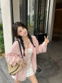 Pink Stripes polo Women's Collar Long-Sleeved Shirt Summer New Loose Thin Type Sunscreen Shirt Mid-Length Top. 