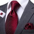 Hi-Tie Designer Red Burgundy Plaid Silk Wedding Tie For Men Handky Cufflink Gift Mens Necktie Fashion Business Party Dropshiping KEEMEEUYZO. 