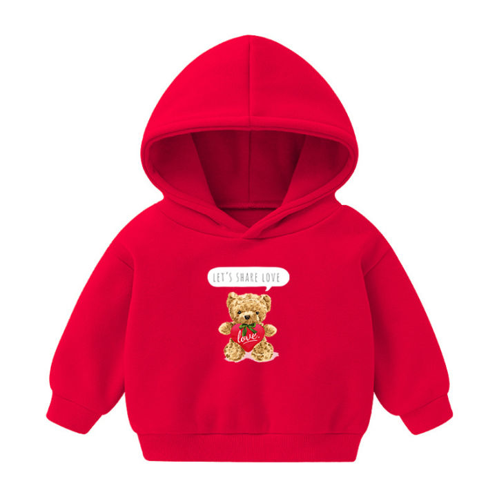 Spring New Children's Sweatshirt Korean Hooded Sweatshirt for Boys and Girls Cartoon Top with Fleece Bear