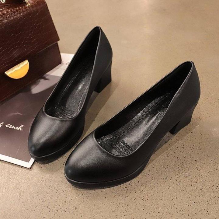 Lazada Black Leather Work Heels Formal Black Leather Shoes Women's