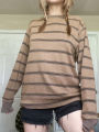Women Fairy Grunge Knit Basic Shirt Autumn Y2K Grey Black Striped Long Sleeve Round Neck Tops Emo Tee. 