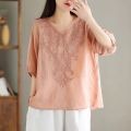 Cotton linen short sleeved t-shirt for summer wear, new V-neck embroidered artistic loose thin design, slim fit and slimming, plus size women's clothing. 