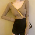 Autumn 2024 New Sexy Backless Long Sleeves T T-shirt Women's Versatile Design U Collar Solid Color Top Hot Girl Bottoming Shirt. 