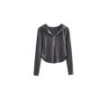 Hooded Drawstring Long Sleeve T T-shirt Women's Design Sense Niche Spring and Autumn New Minimalist Thin Korean Style ins Zip Top. 