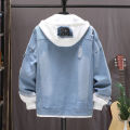 Fall New Coat Fashion Loose Men's Trendy Hat Jacket Denim Coat Youth Stitching Ripped Denim.