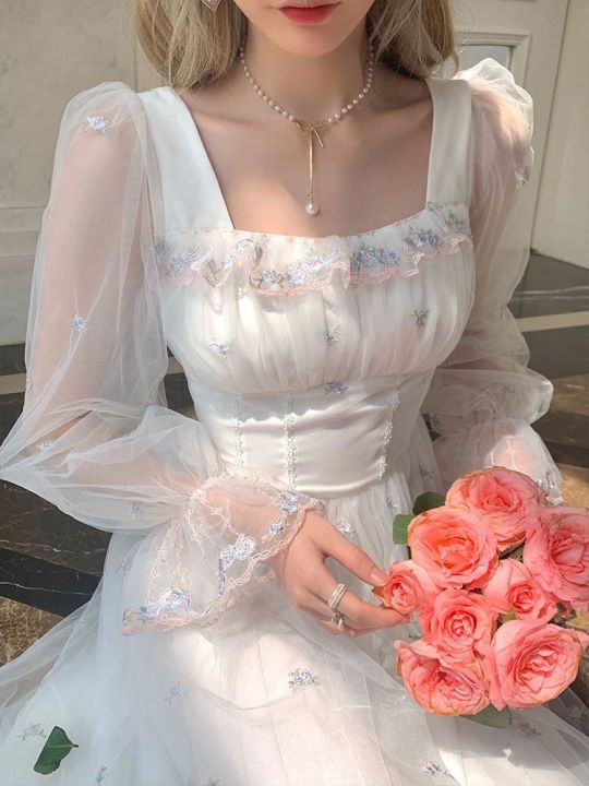 Autumn Spring White Mesh Fairy Dress Woman French Vintage Embroidery Floral  Flare Sleeve Princess Prom Dresses Vestido Blanco | Daraz.com.bd