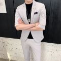 (Jackt+Pant)2021 Men Suits Half Sleeve Spring Summer Slim British Short Sleeve Blazer Coat Trend Male Designer Tuxedo 2 Pcs Set. 