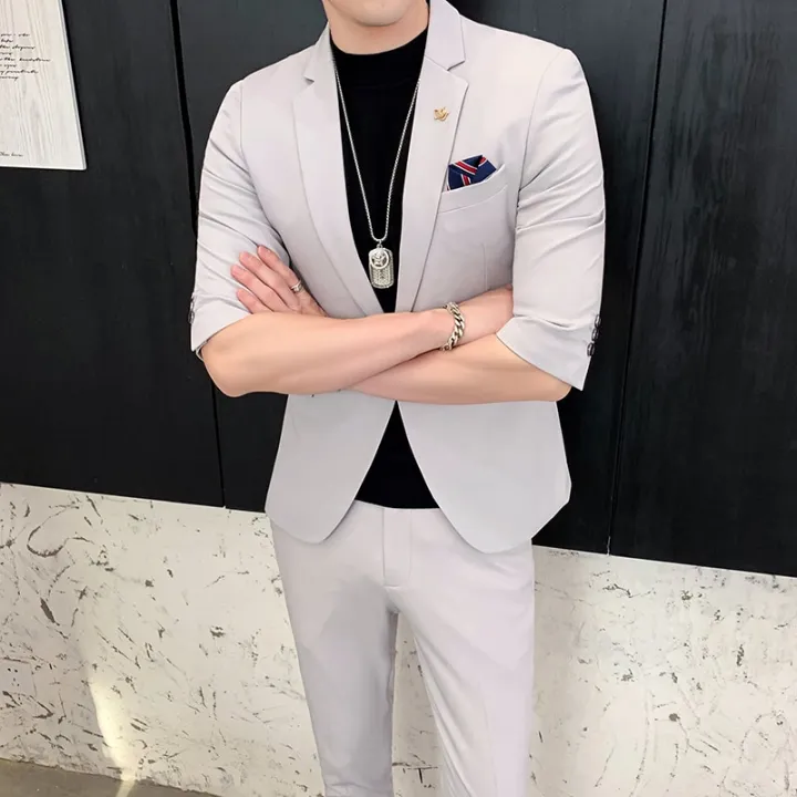 (Jackt+Pant)2021%20Men%20Suits%20Half%20Sleeve%20Spring%20Summer%20Slim%20British%20Short%20Sleeve%20Blazer%20Coat%20Trend%20Male%20Designer%20Tuxedo%202%20Pcs%20Set%20-%20Image%205