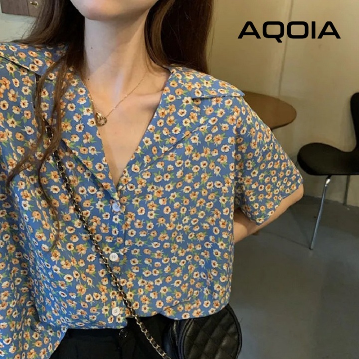 Chic Vintage Floral Printing Button Up Women Shirt Notched Neck Short Sleeve Womens Blouse 2022 Summer Loose Tunic Female Shirts