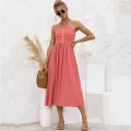 Women Spaghetti Strap Sleeveless Backless Solid Slim Madi Dress Summer New Casual Sling Big Swing Button Dresses Robe Femme. 