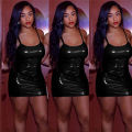 Women Solid Leather Wetlook Night Club Bodycon Party Short Mini Dress.