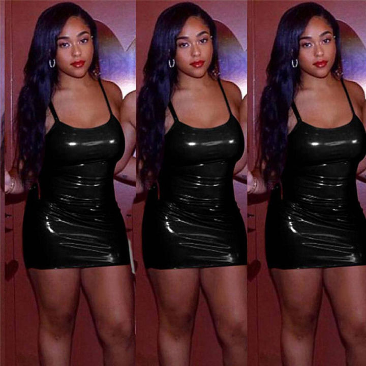Women Solid Leather Wetlook Night Club Bodycon Party Short Mini Dress