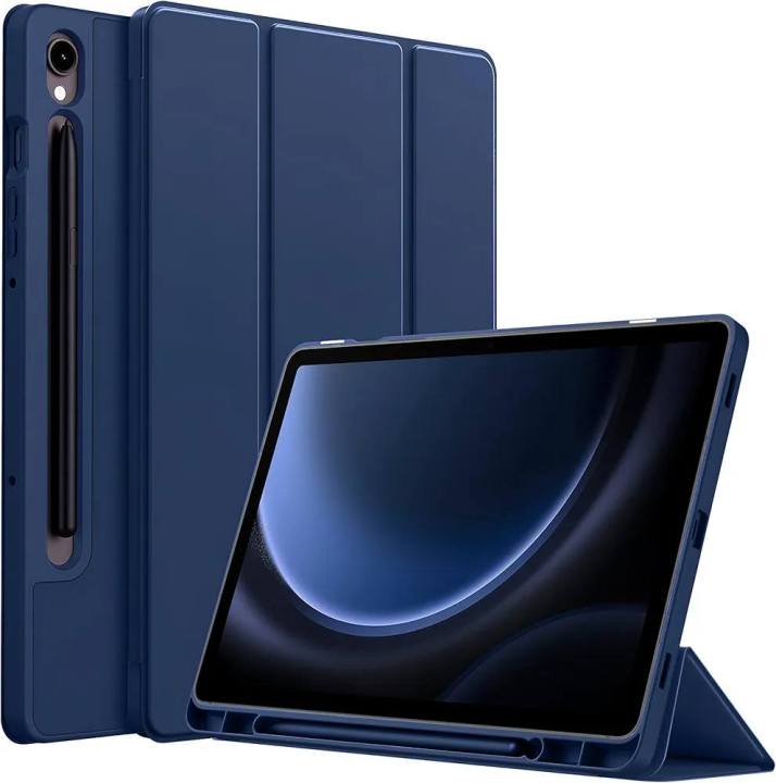 Case for Samsung Galaxy Tab S10 FE / S9 FE 10.9-Inch with S Pen Holder, Soft TPU Tri-Fold Stand Protective Tablet Cover, Support S Pen Charging, Auto Wake/Sleep (BLack-Blue)