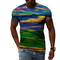 Summer New Terrace Pattern Printed Men's T-shirt Casual Pastoral Quality Short-sleeved Classic Round Neck Loose Quick-drying Top. 