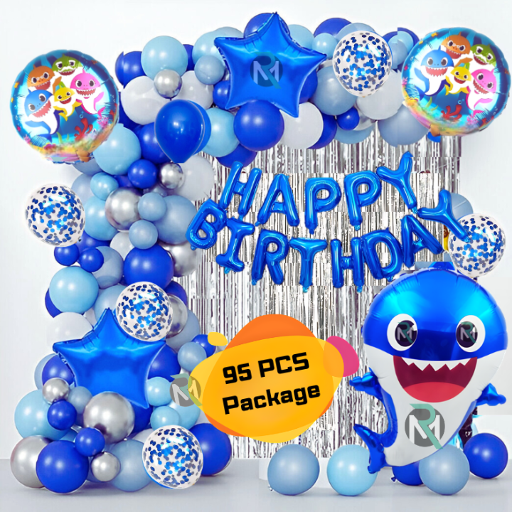 Ultimate Ocean Shark Theme Birthday Decoration Combo Pack- Full Set with Foil Backdrop & Banner- (Pack of 95 Pcs)