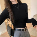 Hot Girl Slim Fit Slimming Long Sleeves T Women's Autumn T-shirt 2023 New Half Turtleneck Short Pleating Bottoming Shirt Top.