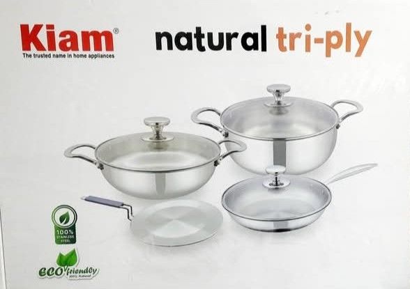 KIAM NATURAL TRI-PLY STAINLESS STEEL COOKWARE 7-PIECE SET- KARAI 26 CM, CASSEROL 26 CM, RUTI TAWA 26 CM, FRY PAN 24 CM