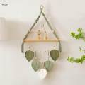 Leaves Macrame Wall Hanging Tapestry Chic Boho Wall Decor Wooden Floating Shelf for Indoor Apartment. 