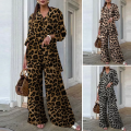 Women’s 2PCS Leopard Printed Long Sleeve Tops Shirt Wide Leg Pants Trousers Suits. 