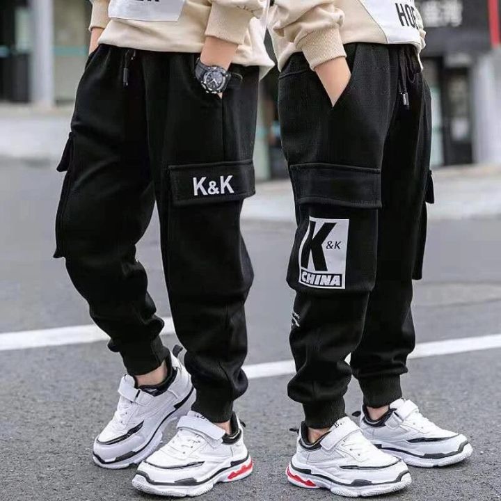 EACHIN Boys Pants Boy Letter Print Cotton Sweatpants Casual Korean Cargo Pants Fashion Teenage Kids Sport Multi-pocket Pants