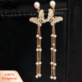 Lady Bling Rhinestone Inlaid Butterfly Long Tassel Faux Pearl Drop Stud Earrings. 